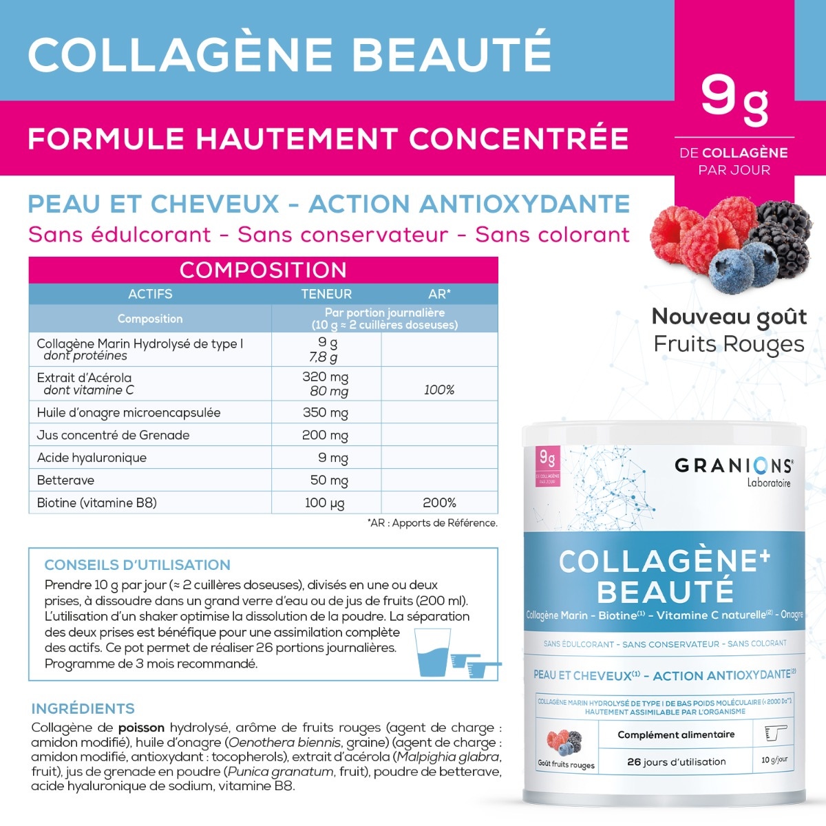 Collagène+ Beauté goût fruits rouges - composition - conseils d'utilisation - ingrédients