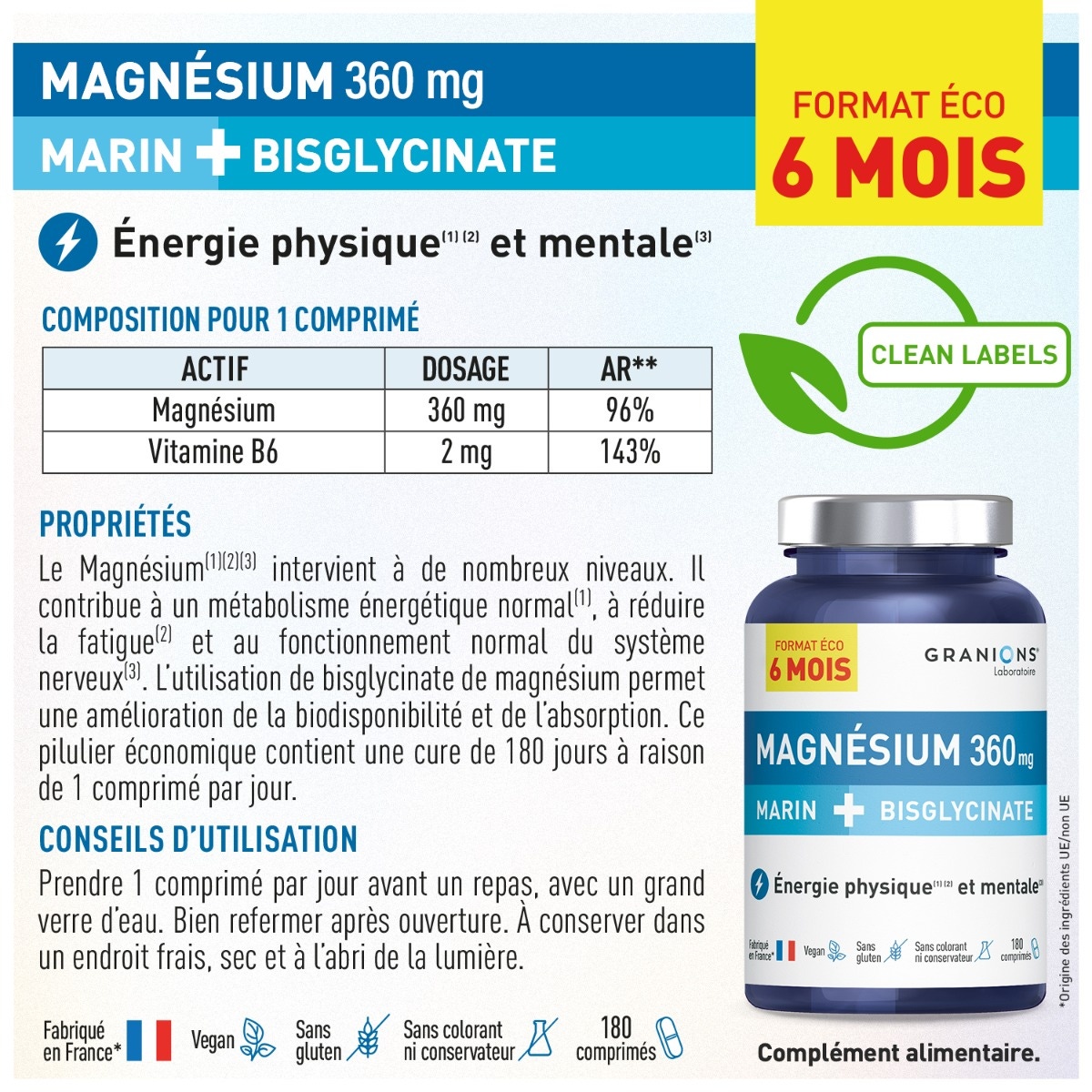 Magnésium marin + Bisgkycinate format économique composition