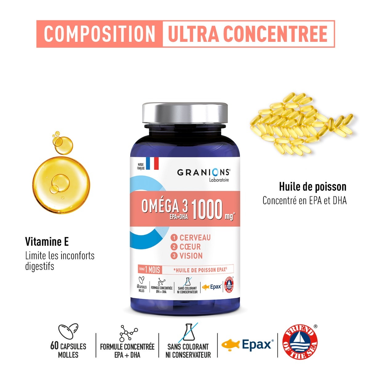 GRANIONS - OMEGA 3 100mg composition - Vitamine E - Huile de poisson