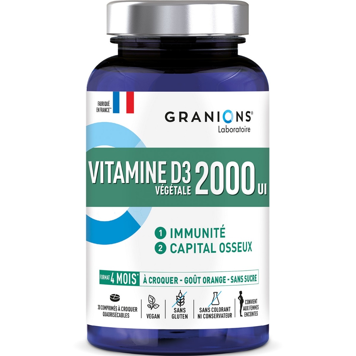 Granions - Pilulier vitamine D3 à croquer - Sans sucres - 2000 UI - Vegan