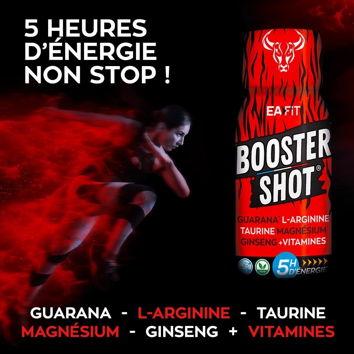 EAFIT Booster Shot - 5h d'énergie naturelle - Guarana - L-Arginine - Taurine - Magnésium - Ginseng - Vitamines - Boite de 20