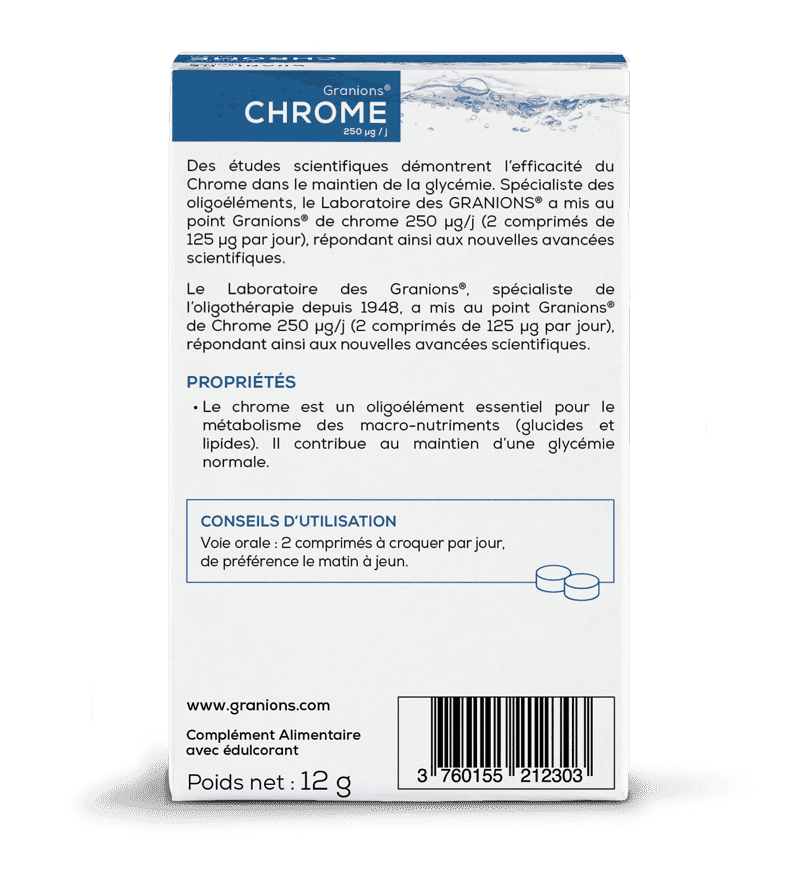 Granions de Chrome 250 µg / jour (60 comprimés) - Halte aux pulsions sucrées - Limite les envies de sucres (vue de dos)